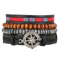 PU Leather Cord Bracelets, with Velveteen Cord & Wood & Zinc Alloy, antique silver color plated, 4 pieces & Unisex Approx 7.5 Inch 