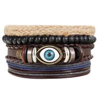 PU Leather Cord Bracelets, with Linen & Wood & Zinc Alloy, Eye, antique bronze color plated, 4 pieces & Unisex Approx 7.5 Inch 