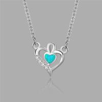 Cubic Zircon Micro Pave Sterling Silver Necklace, 925 Sterling Silver, with Opal, Heart, platinum plated, oval chain & micro pave cubic zirconia & for woman Approx 15.7 Inch 