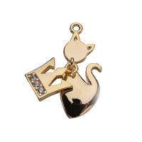 Animal Brass Pendants, Cat, real gold plated, for woman & with rhinestone, 21*9mm 