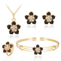 Rhinestone Zinc Alloy Jewelry Set, bangle & finger ring & earring & necklace, zinc alloy lobster clasp, zinc alloy post pin, plated, for woman & with rhinestone, black, 23mm,14mm,15mm,14mm,15mm,14mm,15mm,14mm Approx 15.7 Inch 