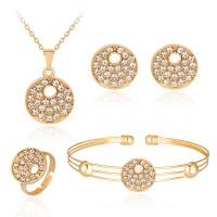 Rhinestone Zinc Alloy Jewelry Set, bangle & finger ring & earring & necklace, zinc alloy lobster clasp, zinc alloy post pin, plated, for woman & with rhinestone, gold, 23mm,15mm,15mm,15mm,15mm,15mm,15mm,15mm Approx 15.7 Inch 