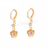 Brass Huggie Hoop Drop Earring, Crown, for woman & with cubic zirconia, multi-colored 