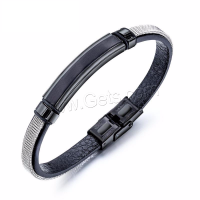 PU Leather Bracelet, with Stainless Steel, for man, black, 50mm,8mm Inch 