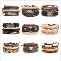 PU Leather Cord Bracelets, with Linen & Wood & Zinc Alloy, plated & for woman Approx 6.7 Inch 
