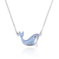 Cubic Zircon Micro Pave Sterling Silver Necklace, 925 Sterling Silver, with 1.96lnch extender chain, Whale, platinum plated, oval chain & micro pave cubic zirconia & for woman, blue Approx 16 Inch 