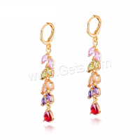 Brass Huggie Hoop Drop Earring, plated, for woman & with cubic zirconia, multi-colored 