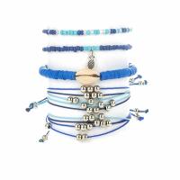 Zinc Alloy Bracelet Set, with Seedbead & leather cord & Shell, plated, 5 pieces & Adjustable & Unisex, blue, 55mm,57mm,61mm 