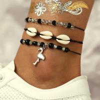 Zinc Alloy Anklet, with Glass Beads & Cotton Cord & Shell, plated, Adjustable & three pieces & Unisex, black   