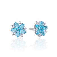 Sterling Silver Stud Earring, 925 Sterling Silver, Flower, real silver plated, micro pave cubic zirconia & for woman, blue  1.5mm 