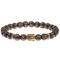 Black Agate Bracelets, Black Stone, with Zinc Alloy, real gold plated, Unisex 8mm .5 Inch 