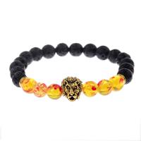 Lava Bead Bracelet, with Zinc Alloy, Lion, real gold plated, for man, black, 8mm .5 Inch 