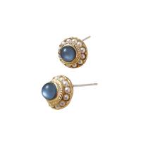 Zinc Alloy Stud Earring, with Gemstone & Plastic Pearl, Round, gold color plated, for woman 11*11mm 
