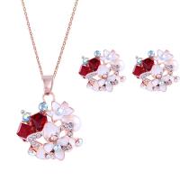 Rhinestone Zinc Alloy Jewelry Set, earring & necklace, with Crystal, rose gold color plated, oval chain & for woman & enamel & with rhinestone, red  Approx 15.7 Inch 
