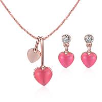 Fashion Zinc Alloy Jewelry Sets, earring & necklace, with Cats Eye, Heart, rose gold color plated, Singapore chain & for woman & with rhinestone Approx 15.7 Inch 