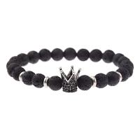 Lava Bead Bracelet, with Zinc Alloy, Crown, micro pave cubic zirconia & for man 8mm .5 Inch 