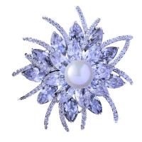 Rhinestone Brass Brooch, with Plastic Pearl, Flower, silver color plated, for woman & with rhinestone 48*48mm 