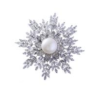 Brass Brooch, with Plastic Pearl, Flower, silver color plated, micro pave cubic zirconia & for woman, nickel, lead & cadmium free, 53*53mm 