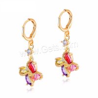 Brass Huggie Hoop Drop Earring, Flower, for woman & with cubic zirconia, multi-colored 