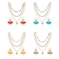 Fashion Zinc Alloy Jewelry Sets, earring & necklace, with Cotton Thread & Gemstone, Shell, gold color plated, three layers & oval chain & for woman Approx 22.2 Inch 