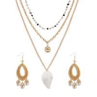 Fashion Zinc Alloy Jewelry Sets, earring & necklace, with Rattan & Gemstone & White Shell, gold color plated, three layers & oval chain & for woman Approx 20 Inch 