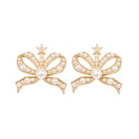 Zinc Alloy Drop Earring, with Glass Pearl, Bowknot, gold color plated, for woman 