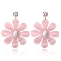 Resin Drop Earring, with Plastic Pearl, Flower, plated, for woman & with rhinestone 