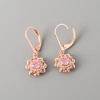 Brass Huggie Hoop Drop Earring, Flower, real rose gold plated, micro pave cubic zirconia & for woman 