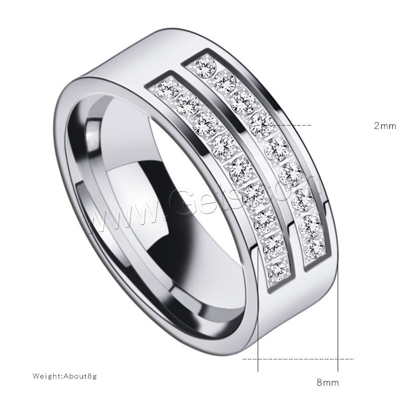 Titanium Steel Finger Ring, silver color plated, Unisex & different size for choice & micro pave cubic zirconia, 8mm, US Ring Size:7-12, Sold By PC