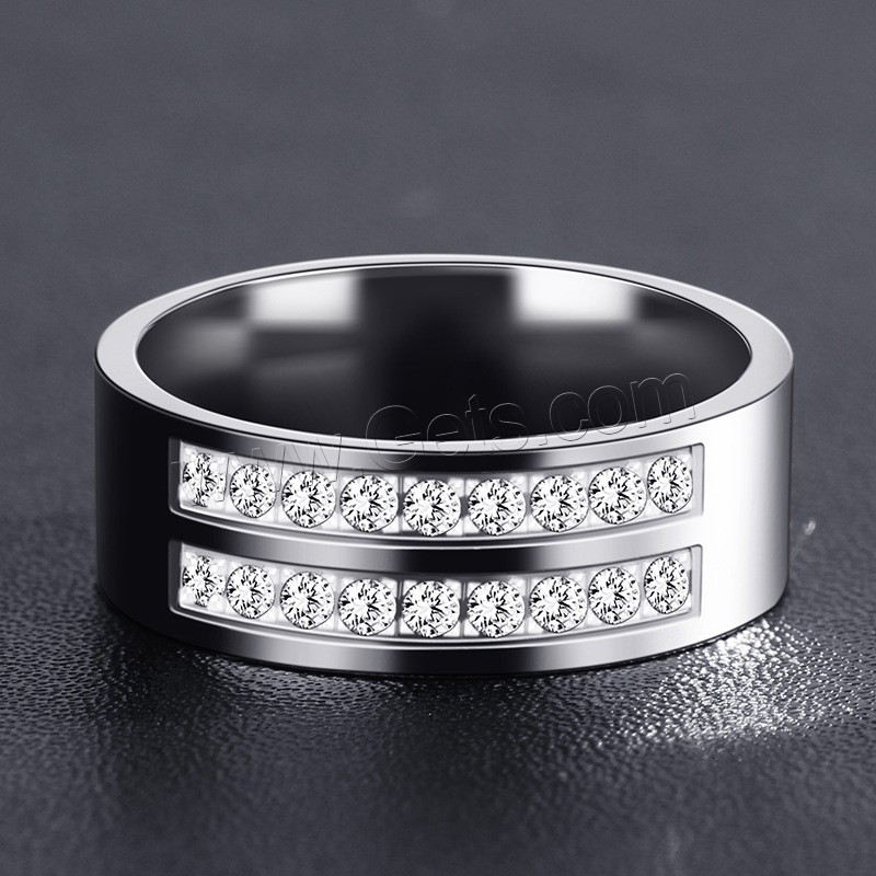 Titanium Steel Finger Ring, silver color plated, Unisex & different size for choice & micro pave cubic zirconia, 8mm, US Ring Size:7-12, Sold By PC