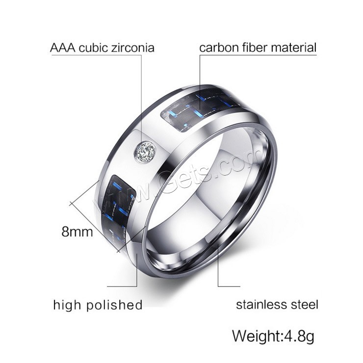 Titanium Steel Finger Ring, with Carbon Fibre, Donut, plated, different size for choice & micro pave cubic zirconia & for man, 8mm, US Ring Size:7-11, Sold By PC