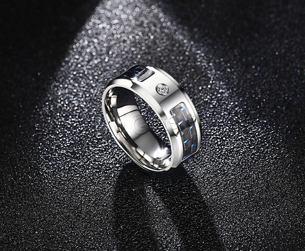 Titanium Steel Finger Ring, with Carbon Fibre, Donut, plated, different size for choice & micro pave cubic zirconia & for man, 8mm, US Ring Size:7-11, Sold By PC
