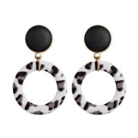 Resin Drop Earring, with PU Leather, Donut, gold color plated, for woman & leopard pattern 