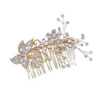Bridal Decorative Hair Comb, Zinc Alloy, with Glass Beads & Plastic Pearl, plated, for bridal & with rhinestone, golden 