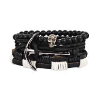 Zinc Alloy Bracelet, with PU Leather, Anchor, platinum color plated, multilayer & Unisex & adjustable, black Approx 7.08 Inch 