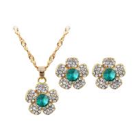 Rhinestone Zinc Alloy Jewelry Set, earring drop pendant & necklace, with 5cm extender chain, Flower, gold color plated, twist oval chain & for woman & with rhinestone 21mm,16mm Approx 17.72 Inch 