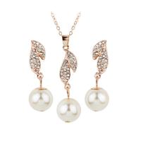 Rhinestone Zinc Alloy Jewelry Set, earring drop pendant & necklace, with ABS Plastic Pearl, with 5cm extender chain, Leaf, rose gold color plated, oval chain & for woman & with rhinestone, 45mm Approx 16.93 Inch 