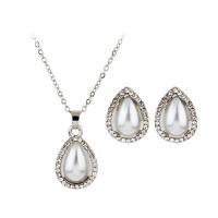 Rhinestone Zinc Alloy Jewelry Set, earring drop pendant & necklace, with ABS Plastic Pearl, with 5cm extender chain, Teardrop, platinum color plated, oval chain & for woman & with rhinestone, 26mm Approx 16.93 Inch 