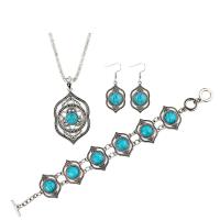 Turquoise Zinc Alloy Jewelry Sets, earring drop pendant & bracelet & necklace, with Natural Turquoise, with 5cm extender chain, antique silver color plated, three pieces & ball chain & for woman  Approx 8.27-20.87 Inch 