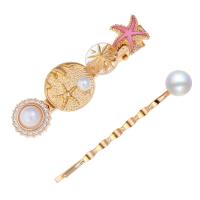 Hair Slide, Zinc Alloy, with ABS Plastic Pearl, gold color plated, for woman & enamel & with rhinestone 63mm 