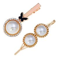 Hair Slide, Zinc Alloy, with ABS Plastic Pearl, gold color plated, for woman & enamel & with rhinestone 