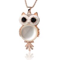 Zinc Alloy Sweater Chain Necklace, with Cats Eye, Owl, gold color plated & for woman & enamel & with rhinestone Approx 31.5 