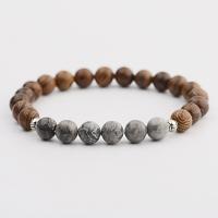 Gemstone Bracelets, with Wood & Zinc Alloy, Round, silver color plated & Unisex, 8mm .5 Inch 
