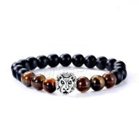Natural Stone Bracelet, with Zinc Alloy, Lion, silver color plated, Unisex & blacken, black and brown, nickel, lead & cadmium free, 190*8mm 