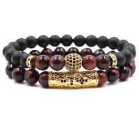 Tiger Eye Stone Bracelets, Donut, plated, Unisex & anti-fatigue & micro pave cubic zirconia 190mm,8mm 