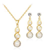 Rhinestone Zinc Alloy Jewelry Set, earring & necklace, with Plastic Pearl, plated, for woman & with rhinestone, golden Approx 15.7 Inch 