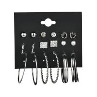 Zinc Alloy Earring Set, with Plastic Pearl, plated, nine pieces & for woman & with rhinestone, silver color 