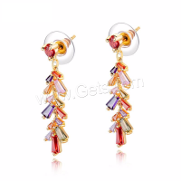 Cubic Zircon Brass Earring, gold color plated, for woman & with cubic zirconia, multi-colored 