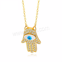 Brass Necklace, Hand, Adjustable & evil eye pattern & micro pave cubic zirconia & for woman, golden Approx 17 Inch 