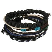 Waxed Cotton Cord Bracelet Set, with Leather & Wood, Unisex, black, 8-15mm Approx 7-10 Inch 